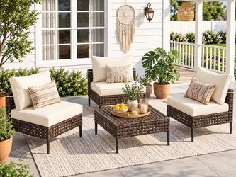New - Modular Outdoor Furniture Set, Beige Cushion 3 Seats and Table