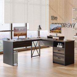 55.7 in. Retro Grey Oak Dark 2 Drawer L-Shaped Computer Desk with Lift-Top