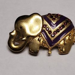Vintage AAI Purple Enamel And Rhinestones Goldtone Elephant Brooch Signed 