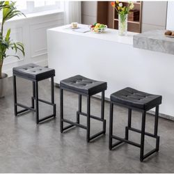 Bar Stools Set of 3, 24" Counter Height Bar Stools, Faux Leather Barstools for Kitchen Island, Backless Saddle Stools with Metal Legs (Black, 3PCS 24"