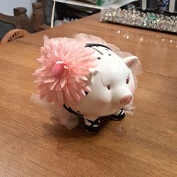 Handcrafted Ballerina Piggy Bank W/Tutu & Flower, Missing Plug On Bottom Otherwise In Excellent Condition 5"H X 6"L X 5"W