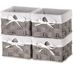 EZOWare Set of 4 Woven Paper Rope Wicker Storage Nesting Baskets with Liner for Nursery, Room Decor, Toys, Towels, Gift Baskets Empty - Gray (7 x 7 x 