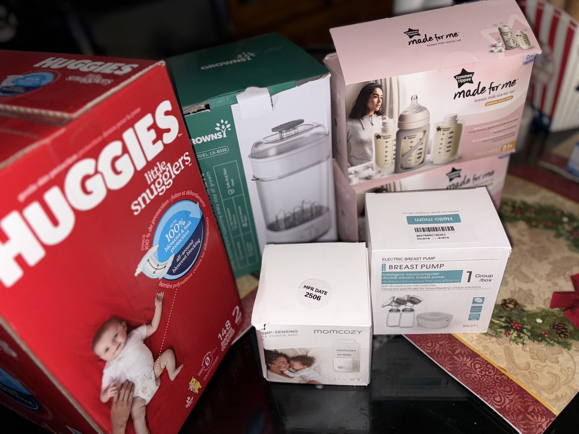 Bottle Sterilizer, Breast Pump, Milk Storage Bags ,Breast Milk Starter Set, Size 2 Huggies 148 Diaper Counts