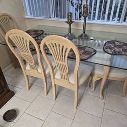 Elegant Glass Top Dining Table Set – 6 Chairs – Light Wood & Upholstered Seats