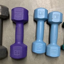 Used but still very good Five Dumbbells 10ibs(1), 5ibs(1), 3ibs(2),