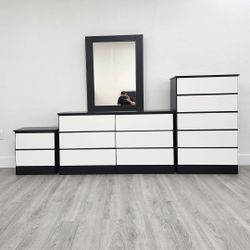 DRESSER WITH MIRROR, CHEST AND ONE NIGHTSTAND