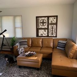 Brand New Ginger Leather Sectional Couch With Ottoman