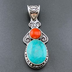 .925 Sterling Silver Native American Fancy Style Pendant With Turquoise & Red Coral Stone