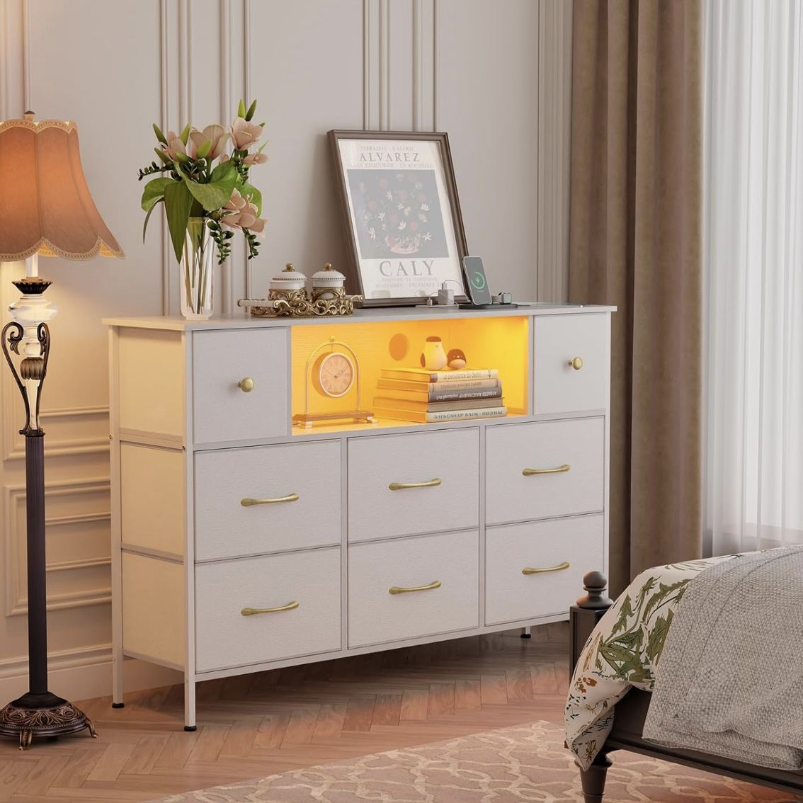 8 Fabric Drawer Dresser with Power Outlets and LED Lights, TV Stand