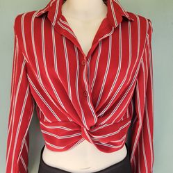 LADIES BLOUSE Red w/white black Stripes