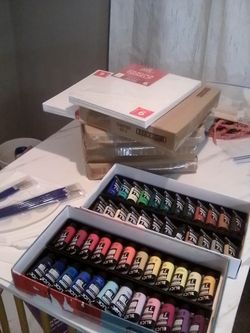 Need of puppy meds selling : 48 Studio Acrylic 48 Canvas Panels 9x12 Including 10 Brushes All New unused one price