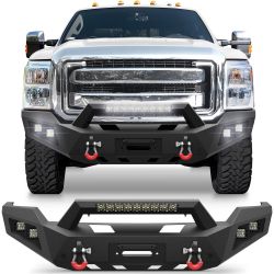 Pofenze Front Bumper For 2011-2016 Ford F250/F350/F450 Full Width Offroad Bumper W/Winch Plate, 144W Light Bar, 4x18w Lights, D-Rings, License Plate B