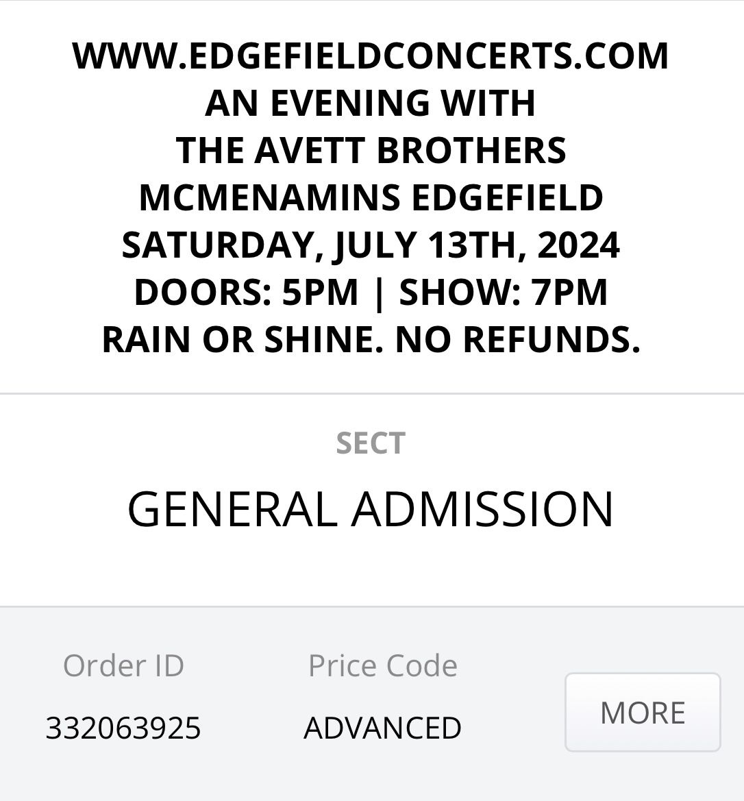 July 13 The Avett Brothers ticket, Edgefield
