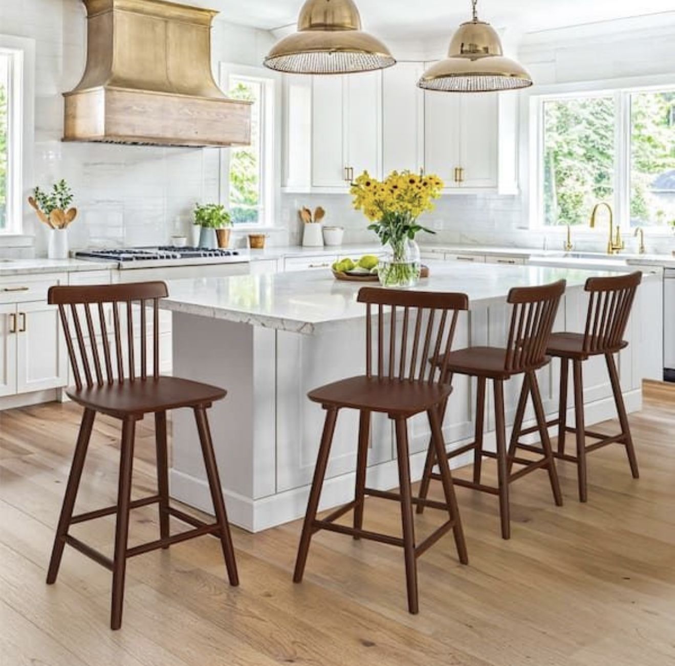 24 in. Brown Wood Counter Stools Bar Stools with Slat Back (Set of 4)