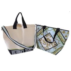 VICTORIA’S SECRET Nautical Double Tote Set Canvas w/Snap-In Cooler Beach Bag
