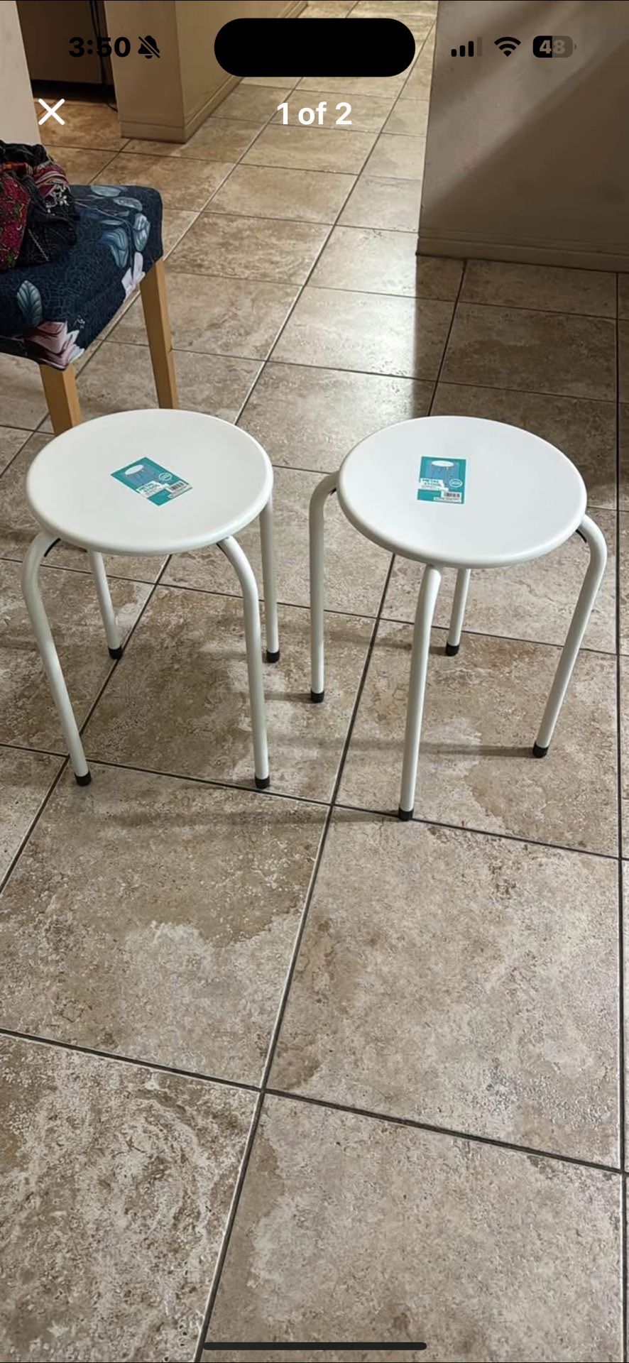 2 White Metal Stools With 2 Plants  Buckets