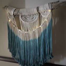 Teal And White Light Up Handmade Macrame Wall Hanging
