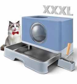 XXXL Stainless Steel Litter Box with Lid, Front Entry Top Exit, Extra Large Metal Cat Litter Box with Drawer, Maine Coon Cats, with Litter Scoop & Lit