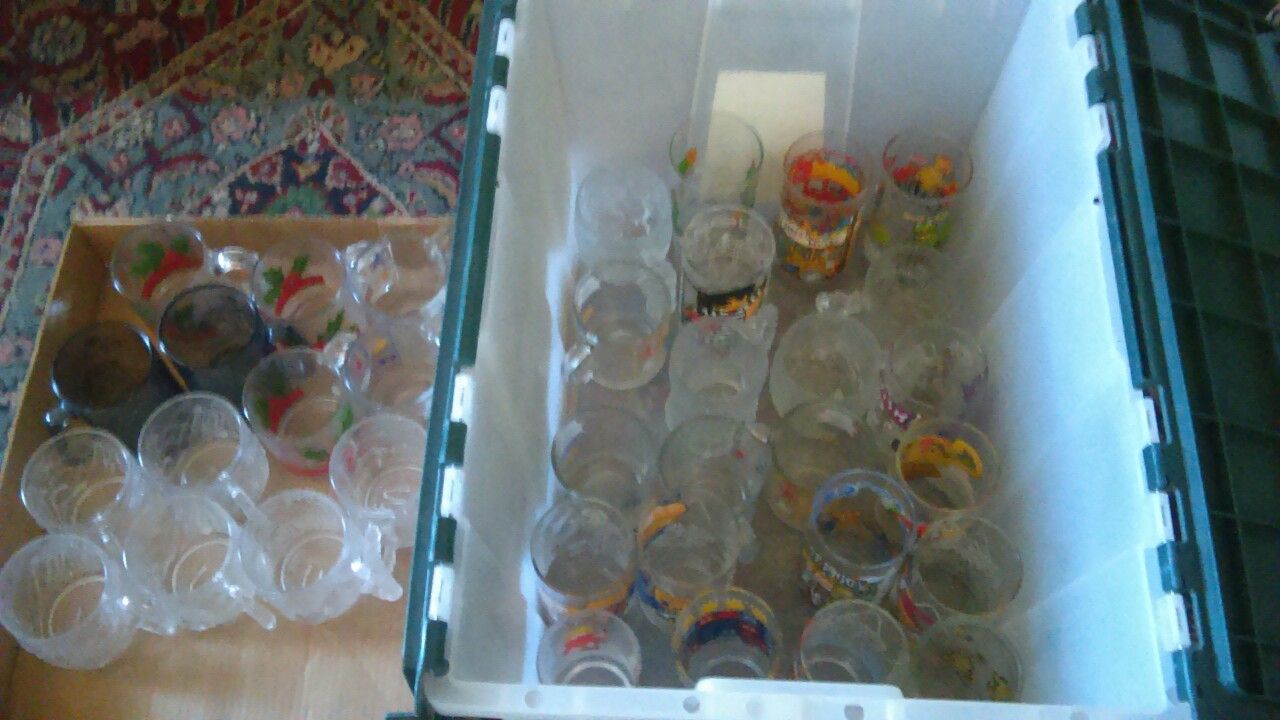 Huge lot of 30 McDonald's collectors drinking glasses mugs vintage 1970s to 1990s Batman Flintstones Olympics Kermit Etc