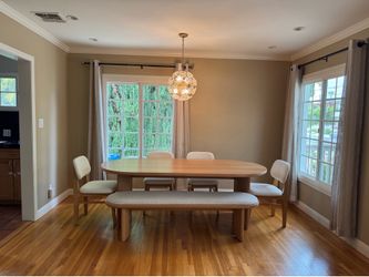 Modern Oak 86" Oval Dining With Bench + Boucle Performance Fabric Side Chair Set For 6