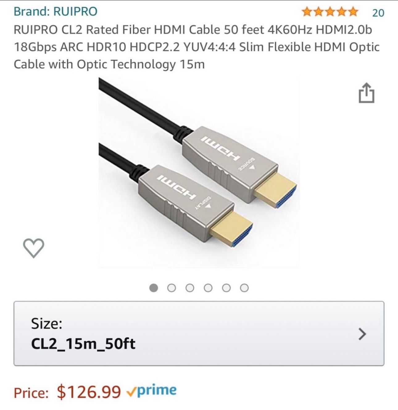50ft CL2 Rated Fiber Optic HDMI 2.0b Cable