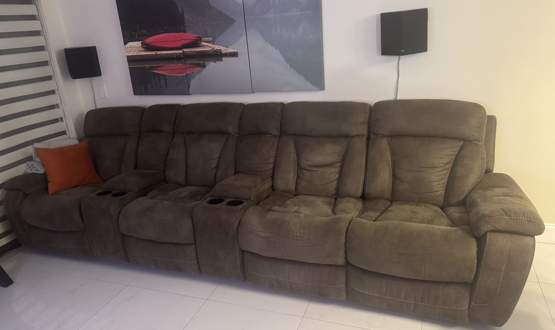 Brown Recliner Sofa 4 Seats W/ Cup Holder