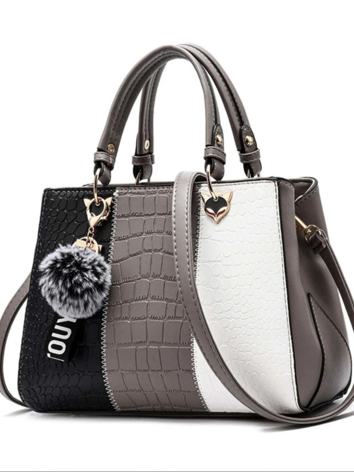 Fashionable Square Bag Color Block Crocodile Embossed Pom Pom Charm Pu, Elevate Your Style With This Trendy Handbag - Perfect For The Office & Party B