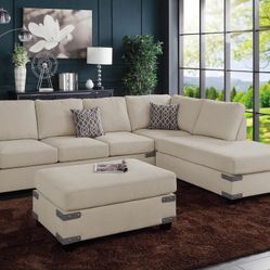 Brand New Mushroom Chenille Sectional Sofa w Storage Ottoman 