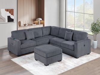 ⚽️ Sectional Sofa with Ottoman, Dark Gray Corduroy Fabric, USB plugs , New in the Box.