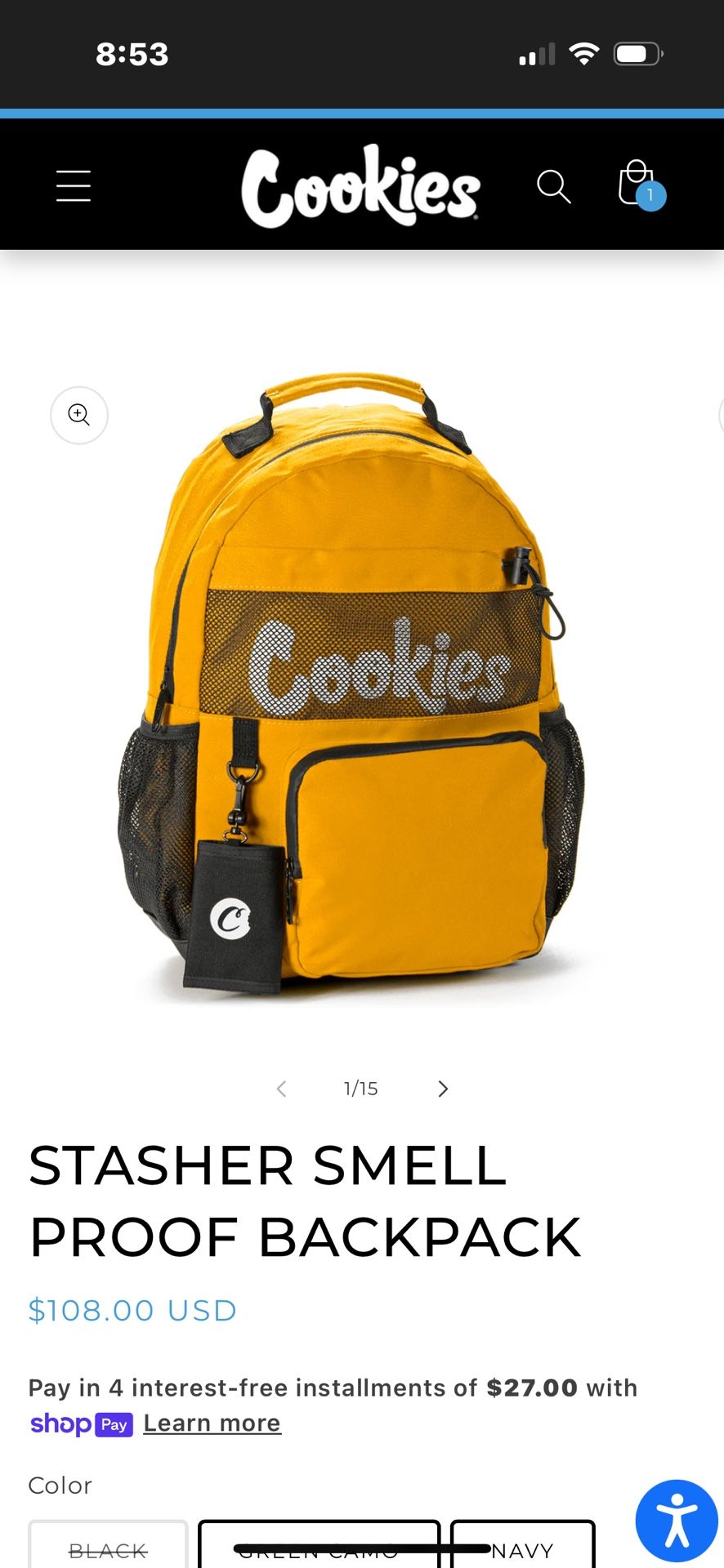 Cookies Stasher Yellow Smell Proof Backpack w Wallet