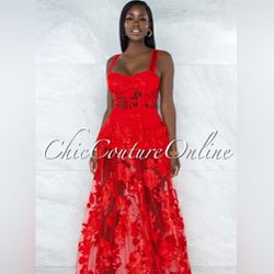 (67)-💋This Beautiful Red Embroidery Mesh Maxi Padded Dress - Medium💋No Stretch