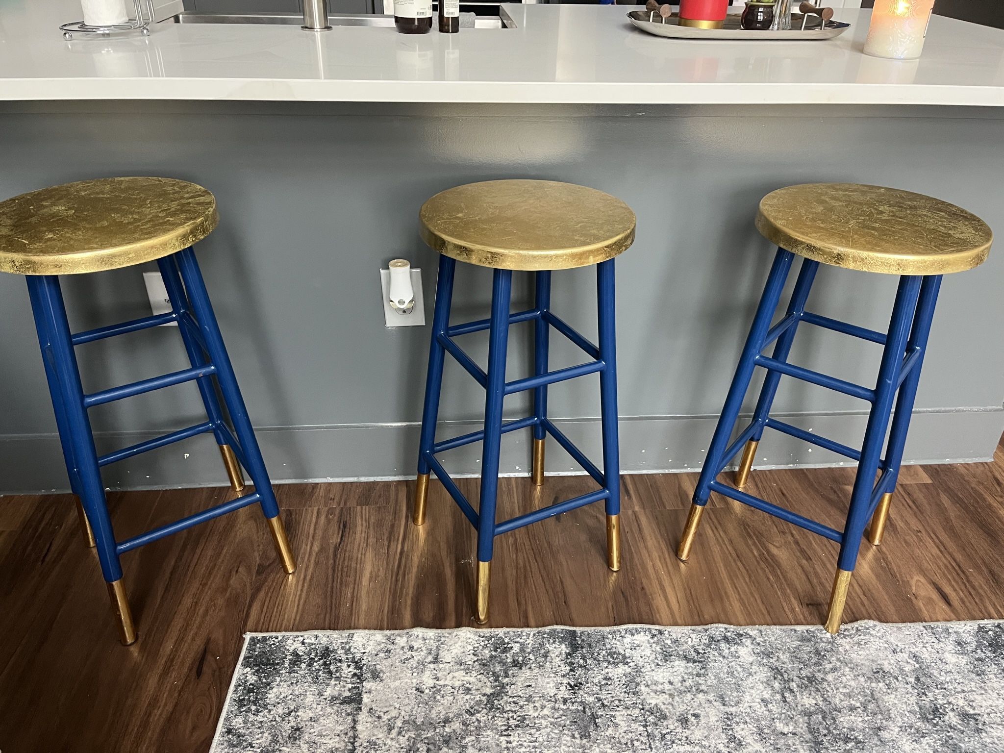4 Blue And Gold Barstools (sold Together)