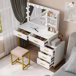 Semiocthome Modern Vanity Table and Cushioned Stool Set, 5 Drawers, LED Lights, Bedroom, White,Adult DEALS & MORE Deals are here-go get 'em!