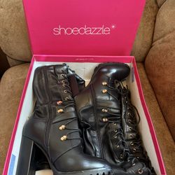 Black Thigh High Lace Up Boots Heels ShoeDazzle Sexy Over Knee