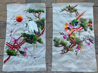 Pair Vintage hand embroidered Chinese Tapestry Panels