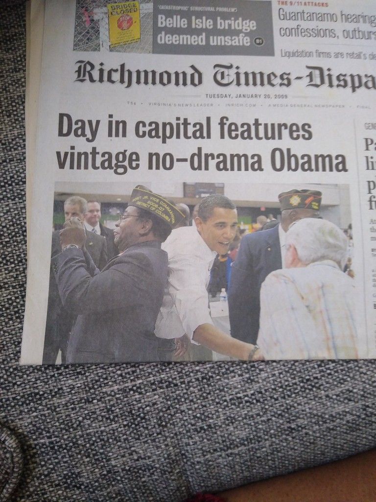 Richmond Time Dispatch Tuesday January 20th 2009 They In Capital Features Vintage/ No Drama Obama