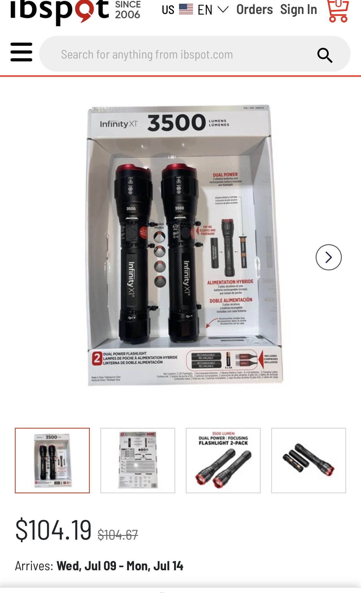 Infinity X1 3500 Lumens Dual Power Flashlight 2-Pack, New Sealed Box 