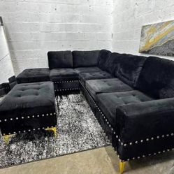 Black Velvet Sectional Sofa With Storage Ottoman New