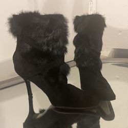 Black Fux Fur Boot Heels
