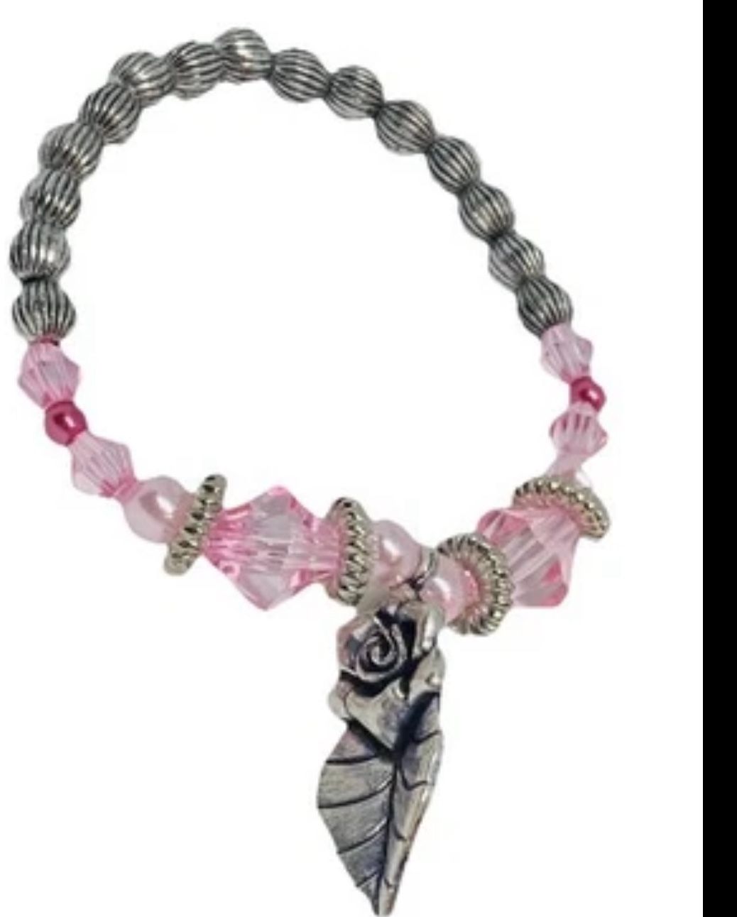NEW Beaded Flexible Bracelet Pink and Silver With Charm Stackable 6.5”