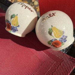 Cronin Co. Ball Shaped Salt and Pepper Shakers Pear, apple, grapes. Red trim.