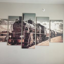7’ Long, 5-Panel Canvas Painting Of Train