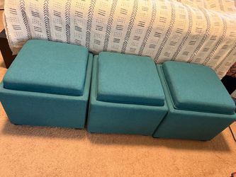 Blue Green Aquamarine Revisable Lid Ottoman with Storage; set of 3.