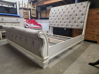 Whitewash / Gray Tufted King Size Sleigh Bed Frame