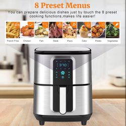NEW 6.8Qt Air Fryer, Hot Air Fryer with 8 Cooking Functions Temperature Timer Control Led Touch Screen 50 Recipes, Stainless Steel Silver