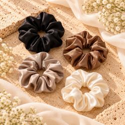 4 Pieces Satin Hair Scrunchies Set of 4, Black Brown Champagne Ivory, Women