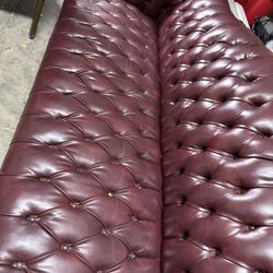 Vintage Burgundy Leather Chesterfield Sofa And Arm Chairs