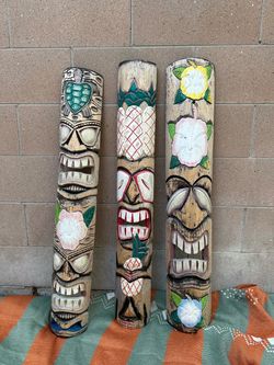 Set of 3 Large 40" Hand Carved Wooden Tiki Totem Poles | Hawaiian Wall Decor