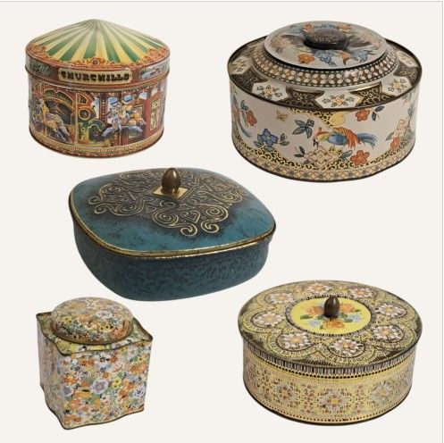 Lot of 5 Vintage Biscuit/Candy Tins Mosaic Daher, Churchill’s, Chinoiserie, W.