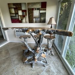 Tree Trunk Wood Bar With Three Stools - Indonesia